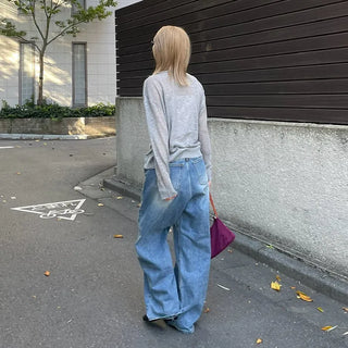 Washed wide-leg long denim pants