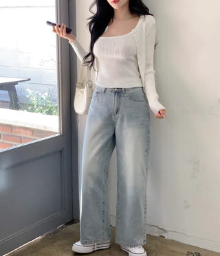 Pocket denim wide-leg pants