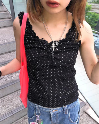 Pindot Ribbon Gathered Elastic Tank Top