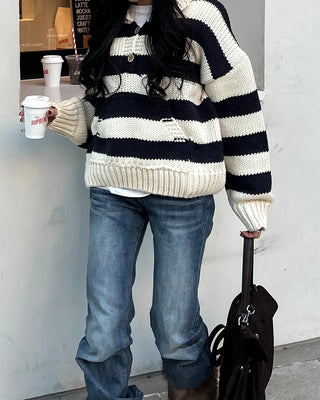 High-gauge knit polo neck wide striped sweater