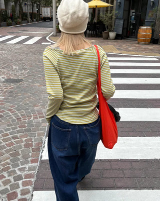 Boat neck striped perforated cut and sew