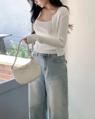 Pocket denim wide-leg pants