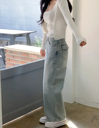 Pocket denim wide-leg pants