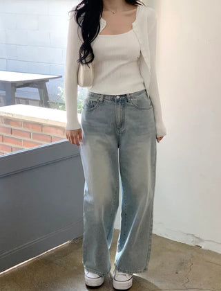 Pocket denim wide-leg pants