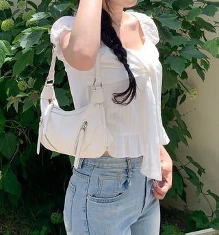 2-Zip Leather Shoulder Bag