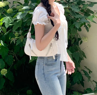 2-Zip Leather Shoulder Bag