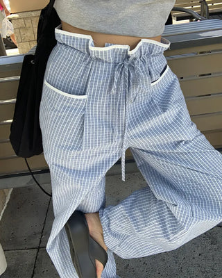 Drawstring Waist Graph Check Wide Pants