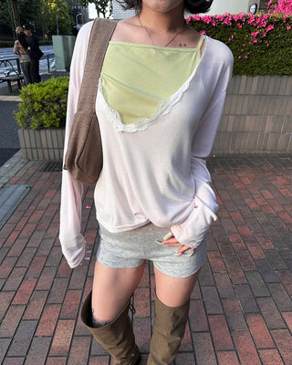 Lace Deep V-Neck Long Sleeve Cut and Sewn