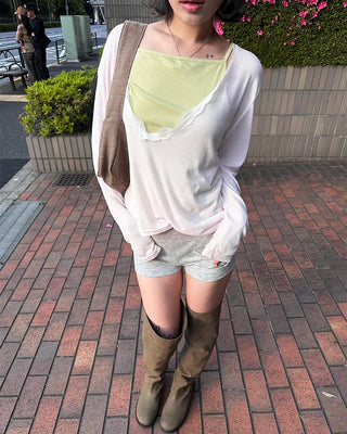 Lace Deep V-Neck Long Sleeve Cut and Sewn