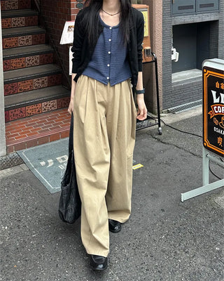 Cotton wide-leg long pants with elastic waistband