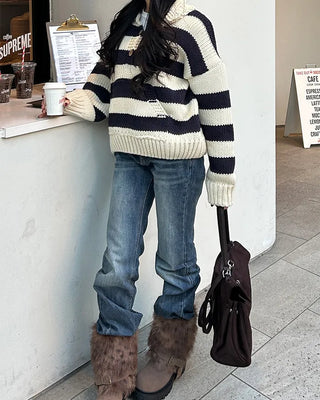 High-gauge knit polo neck wide striped sweater