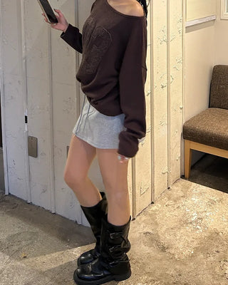 Wide-waisted ribbed sweatshirt mini skirt