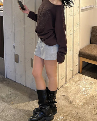 Wide-waisted ribbed sweatshirt mini skirt