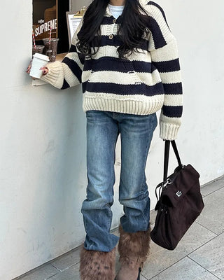 High-gauge knit polo neck wide striped sweater