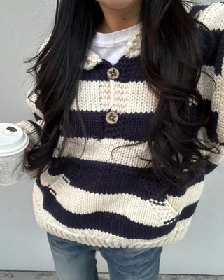 High-gauge knit polo neck wide striped sweater