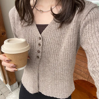 Pointed button rib knit cardigan