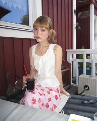 Scalloped lace neck pintuck tank top blouse