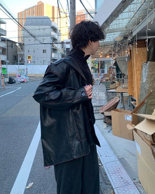 (Unisex) Washed Vintage Half Leather Jacket