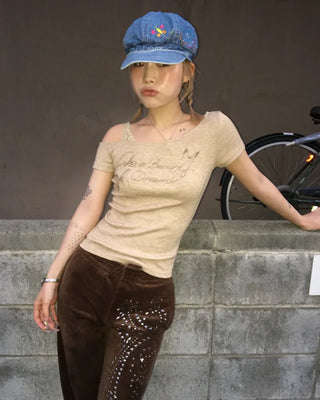 Ribbon Shoulder Butterfly Cap Ribbed T-Shirt