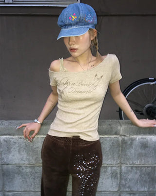 Ribbon Shoulder Butterfly Cap Ribbed T-Shirt