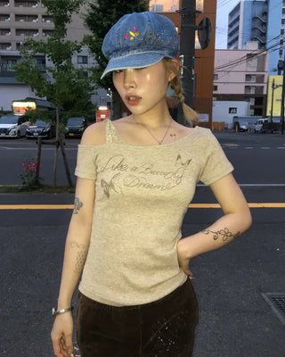 Ribbon Shoulder Butterfly Cap Ribbed T-Shirt