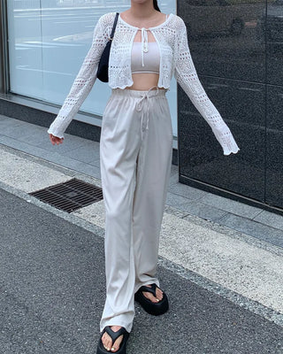 Satin string wide-waist elasticated pants