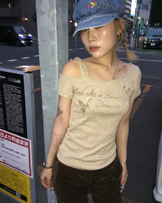 Ribbon Shoulder Butterfly Cap Ribbed T-Shirt