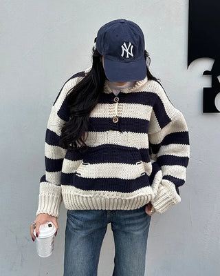 High-gauge knit polo neck wide striped sweater
