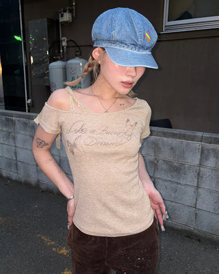 Ribbon Shoulder Butterfly Cap Ribbed T-Shirt
