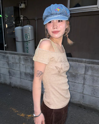 Ribbon Shoulder Butterfly Cap Ribbed T-Shirt