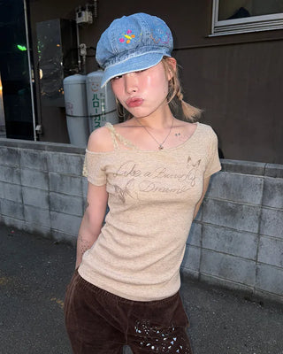 Ribbon Shoulder Butterfly Cap Ribbed T-Shirt
