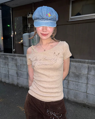 Ribbon Shoulder Butterfly Cap Ribbed T-Shirt