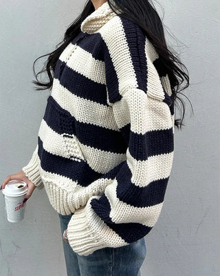 High-gauge knit polo neck wide striped sweater