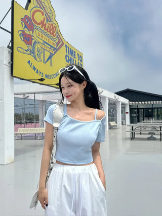 [2-way] Asymmetrical Shoulder Short-Sleeve T-Shirt (6 colors)