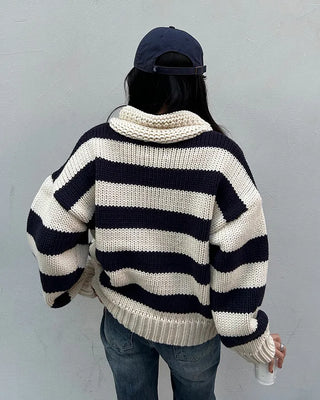 High-gauge knit polo neck wide striped sweater