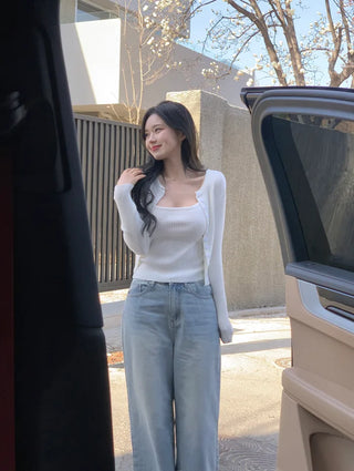 Pocket denim wide-leg pants