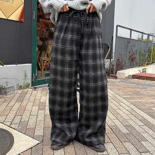 (Unisex) Fleece-lined checkered wide-leg pants