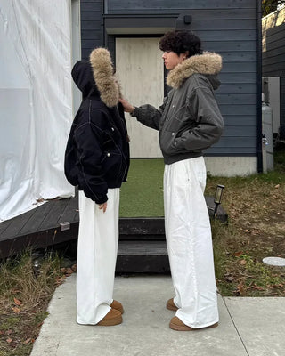 (Unisex) Hooded Fur Down Jacket