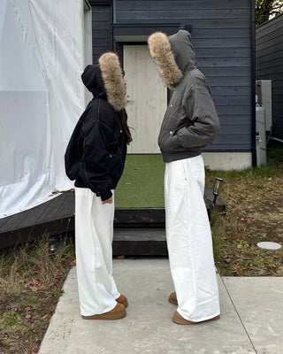 (Unisex) Hooded Fur Down Jacket