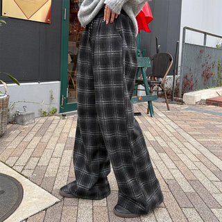 (Unisex) Fleece-lined checkered wide-leg pants