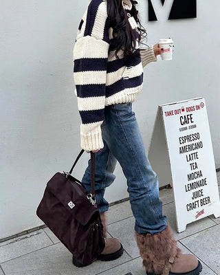 High-gauge knit polo neck wide striped sweater