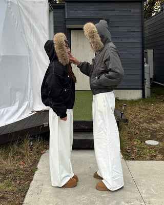 (Unisex) Hooded Fur Down Jacket