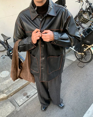 (Unisex) Washed Vintage Half Leather Jacket
