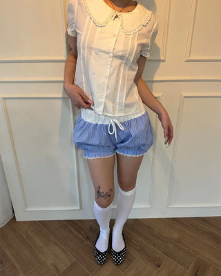 Lace hem striped short pumpkin pants
