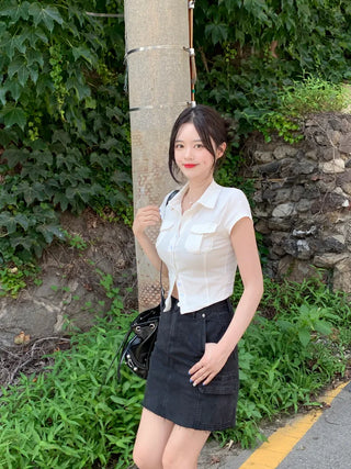 Pocket short-sleeved cropped shirt
