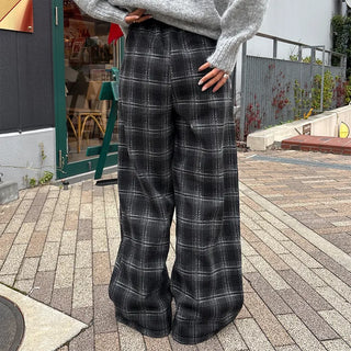 (Unisex) Fleece-lined checkered wide-leg pants