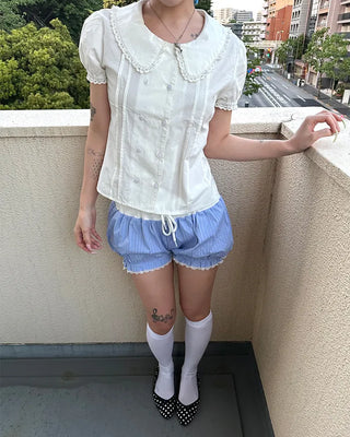 Lace hem striped short pumpkin pants