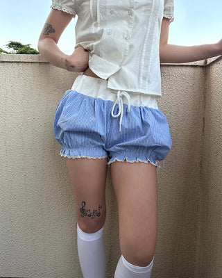 Lace hem striped short pumpkin pants