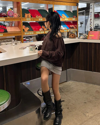 Wide-waisted ribbed sweatshirt mini skirt