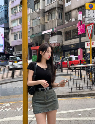 [Belt Set] Washed Denim Skirt